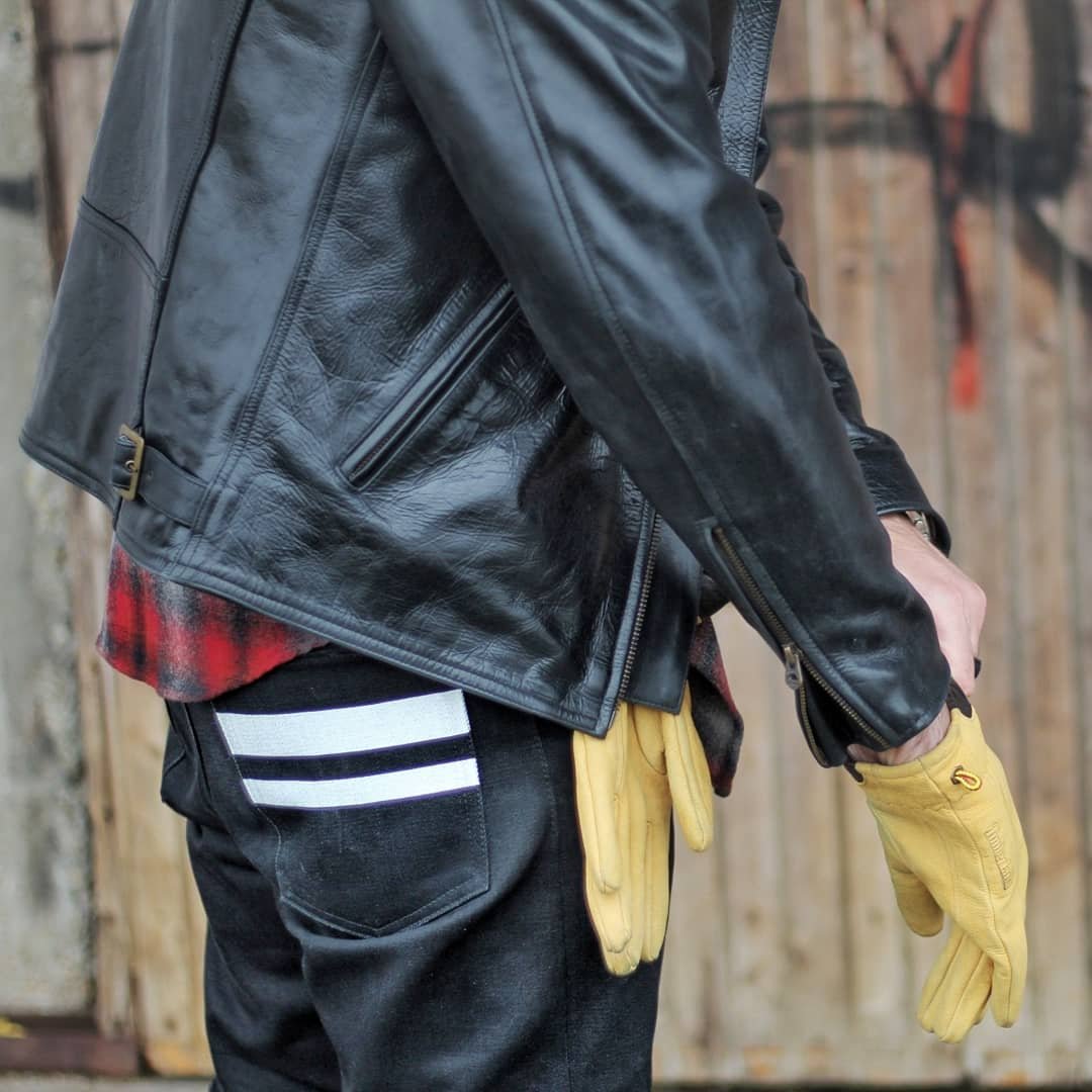 Blue Blooded, Instagrammer, saschgtb, Denimhunters, Momotaro, Going to Battle, yellow leather gloves, black leather jacket 
